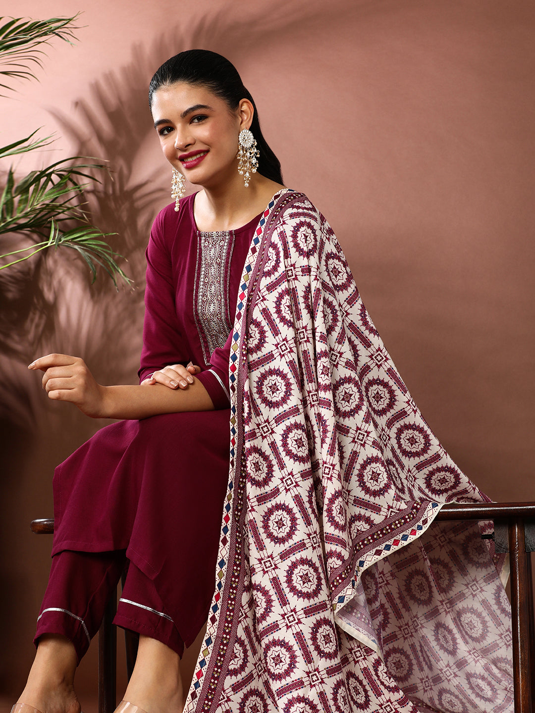 Solid Embroidered Kurta & Trousers Sets