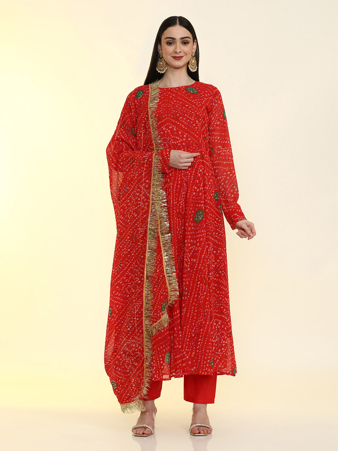 Bandhani Printed Anarkali Georgette Flared Kurta & Trousers Sets