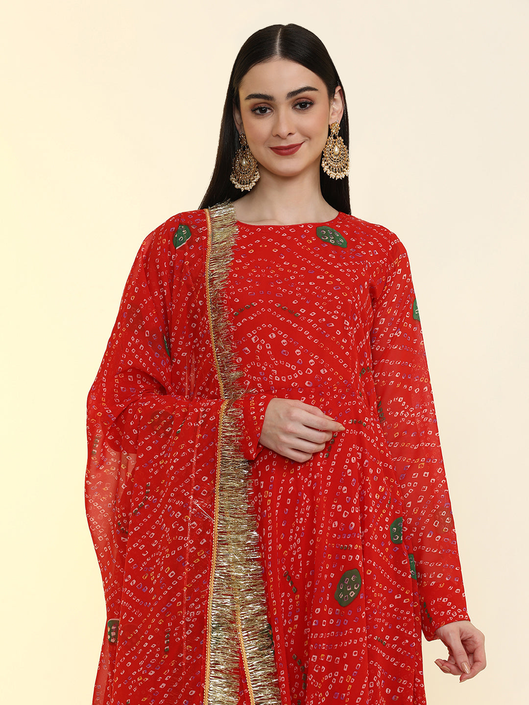 Bandhani Printed Anarkali Georgette Flared Kurta & Trousers Sets