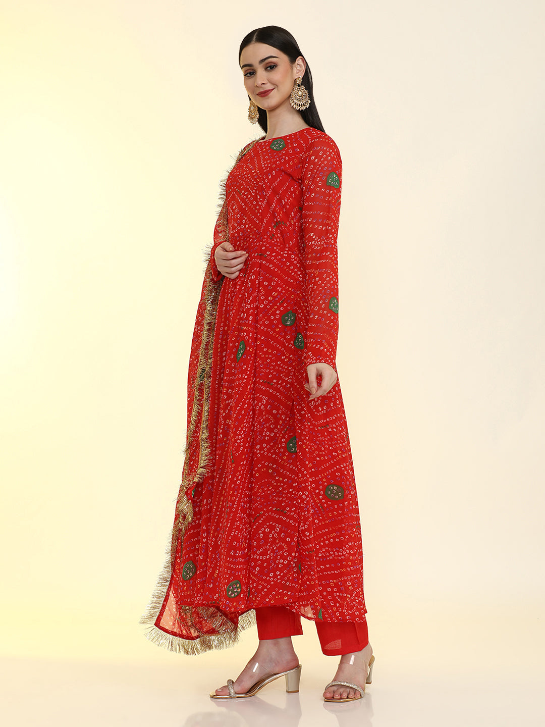 Bandhani Printed Anarkali Georgette Flared Kurta & Trousers Sets