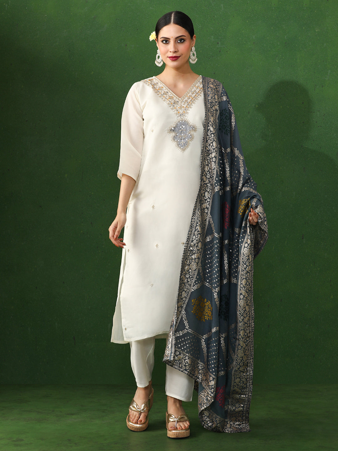 Floral Embroidered A-Line Chanderi Silk Kurta & Trousers Sets