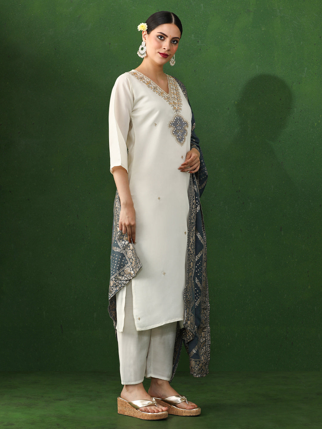 Floral Embroidered A-Line Chanderi Silk Kurta & Trousers Sets
