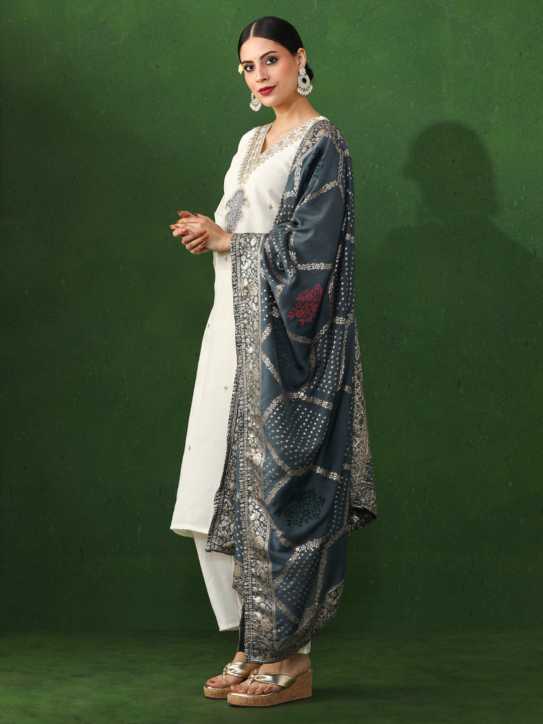 Floral Embroidered A-Line Chanderi Silk Kurta & Trousers Sets
