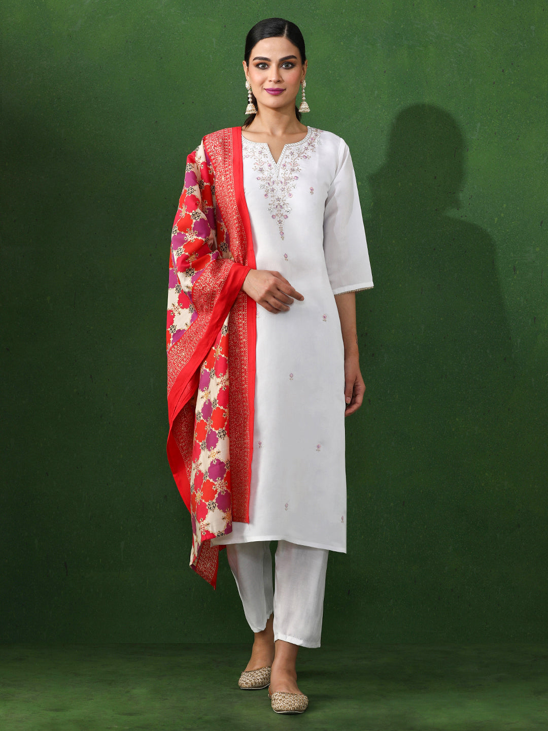 Floral Embroidered Straight Chanderi Silk Kurta & Trousers Sets