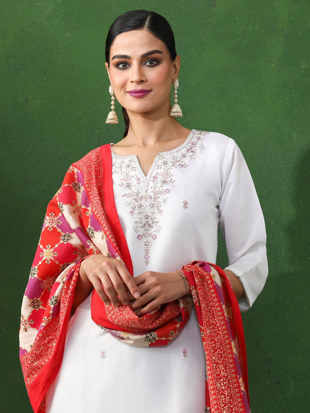 Floral Embroidered Straight Chanderi Silk Kurta & Trousers Sets