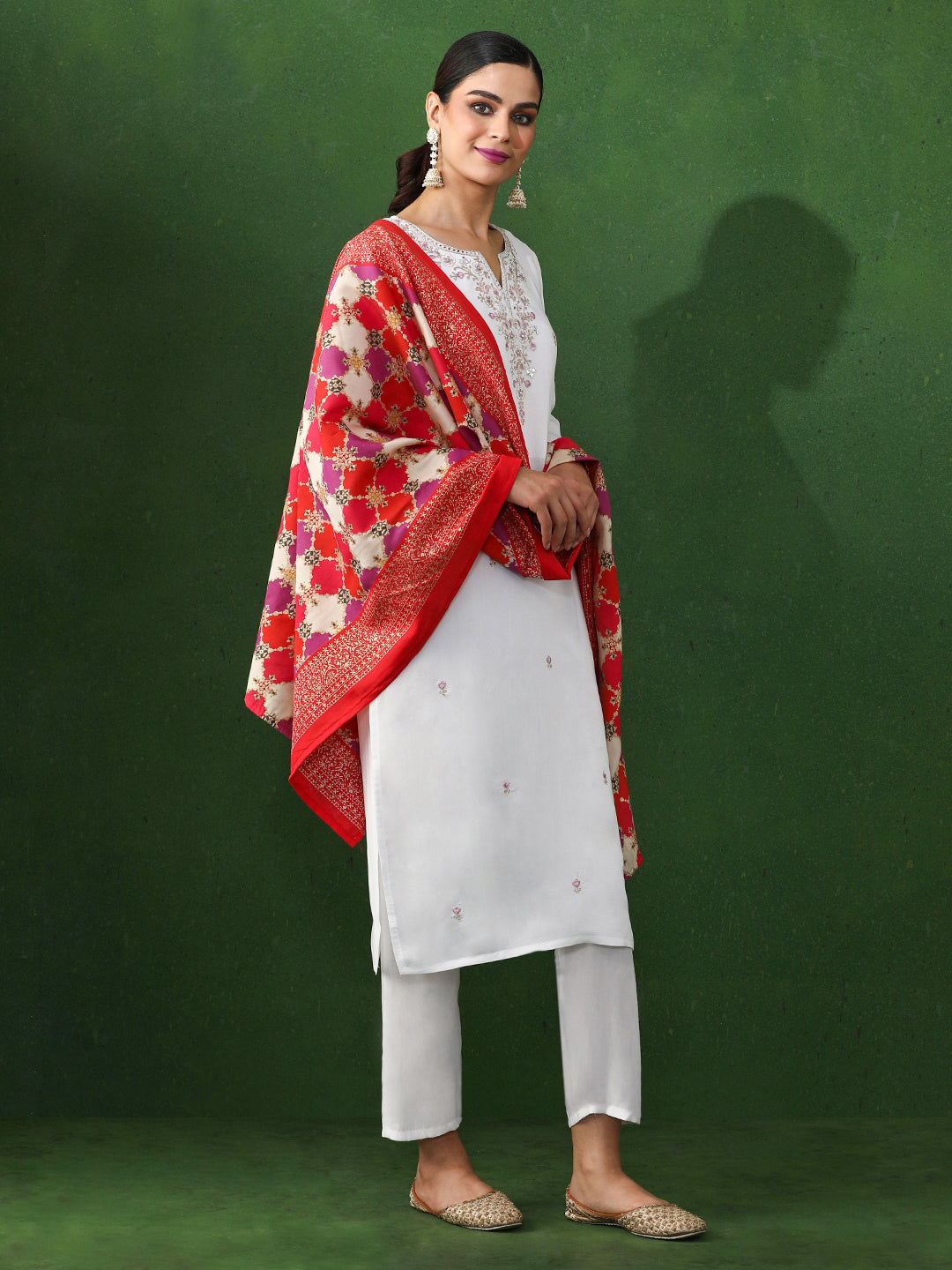 Floral Embroidered Straight Chanderi Silk Kurta & Trousers Sets