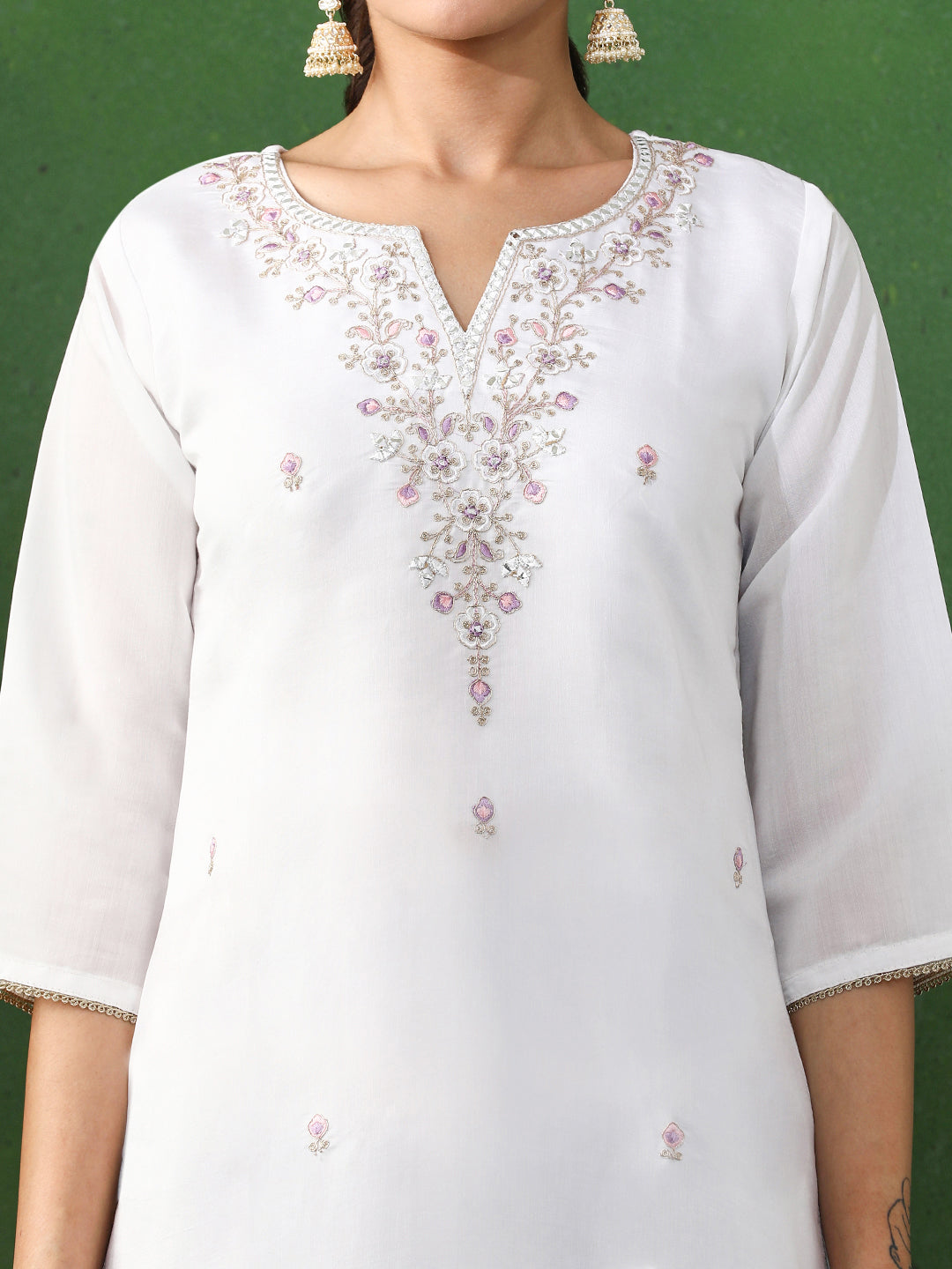 Floral Embroidered Straight Chanderi Silk Kurta & Trousers Sets