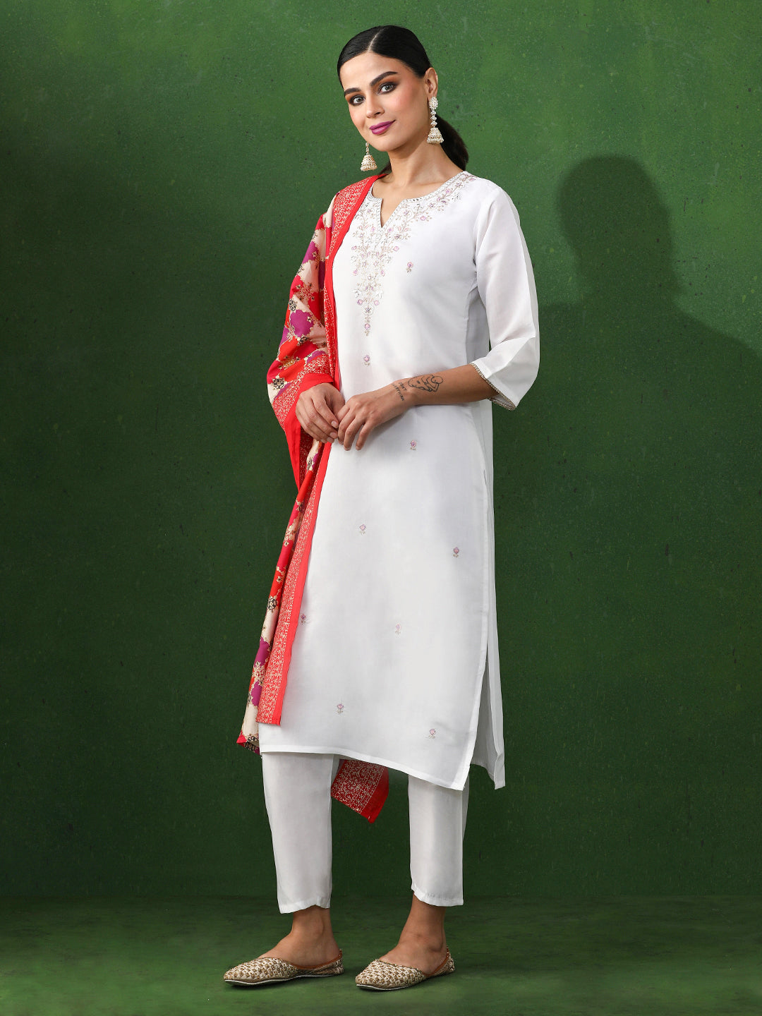 Floral Embroidered Straight Chanderi Silk Kurta & Trousers Sets
