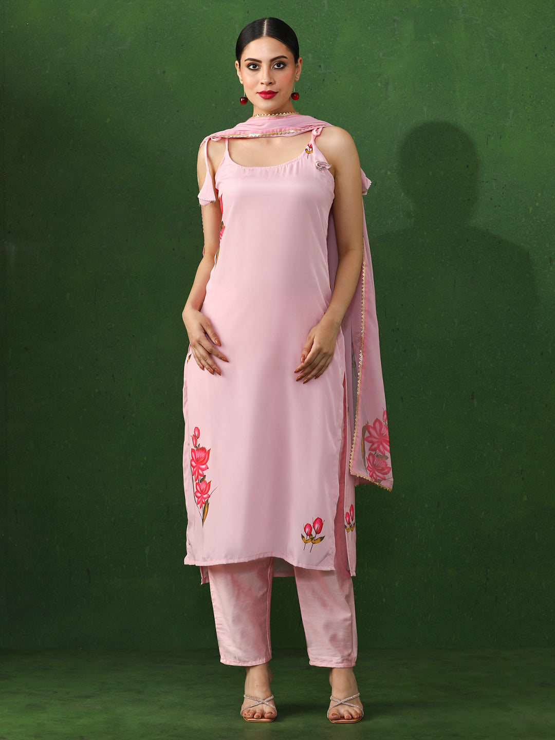 Floral Printed Straight Silk Crepe Kurta & Trousers Sets