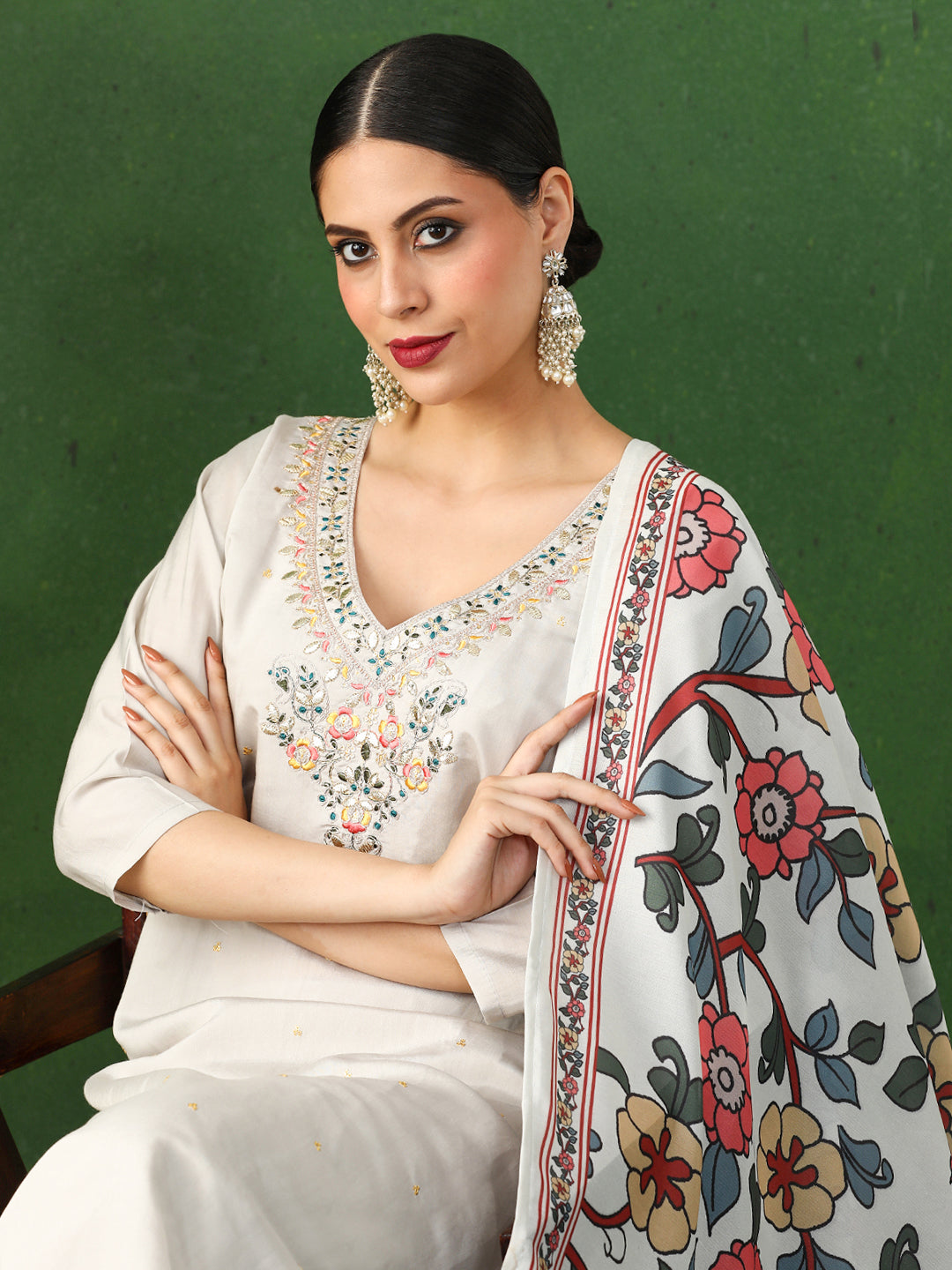 Floral Embroidered A-Line Chanderi Silk Kurta & Trousers Sets