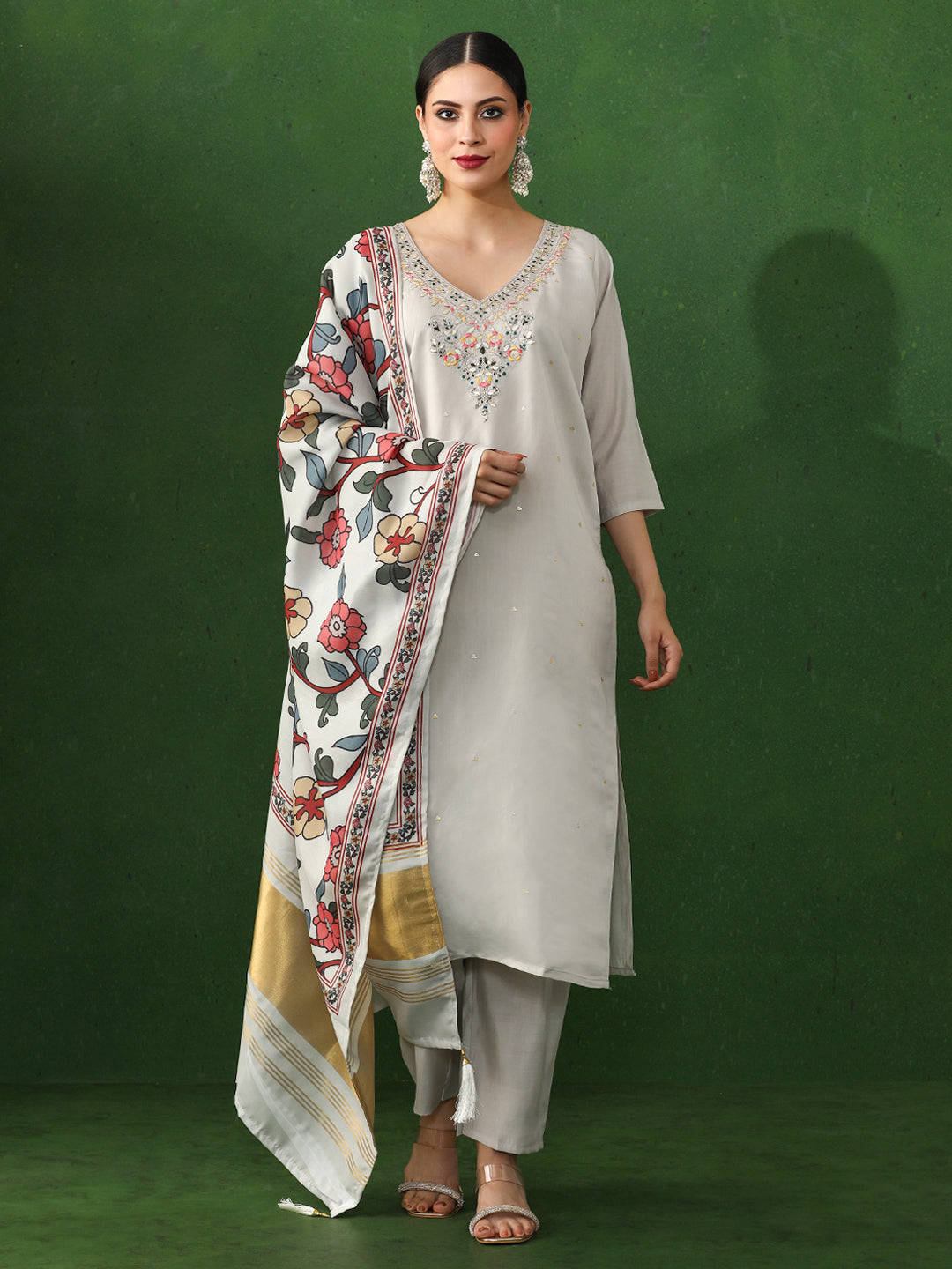 Floral Embroidered A-Line Chanderi Silk Kurta & Trousers Sets
