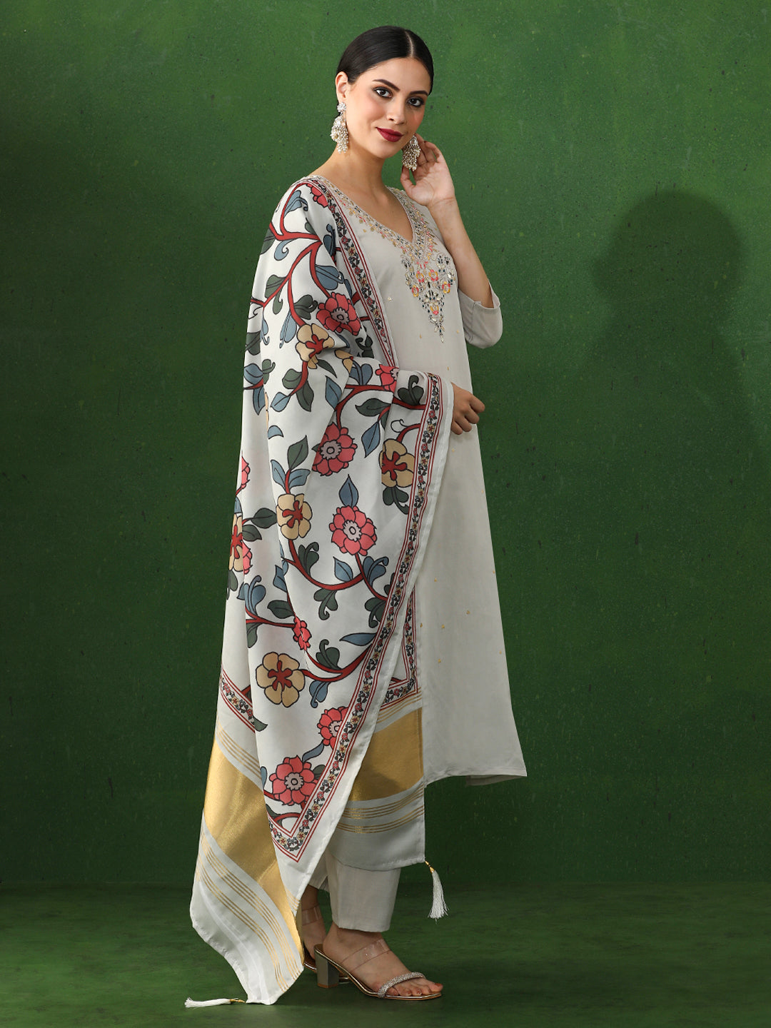 Floral Embroidered A-Line Chanderi Silk Kurta & Trousers Sets