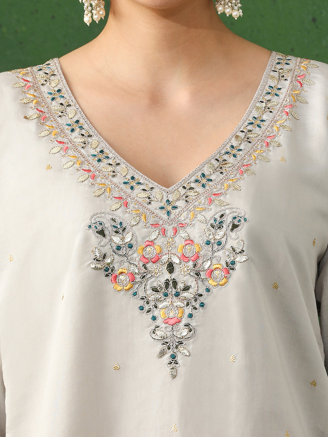 Floral Embroidered A-Line Chanderi Silk Kurta & Trousers Sets