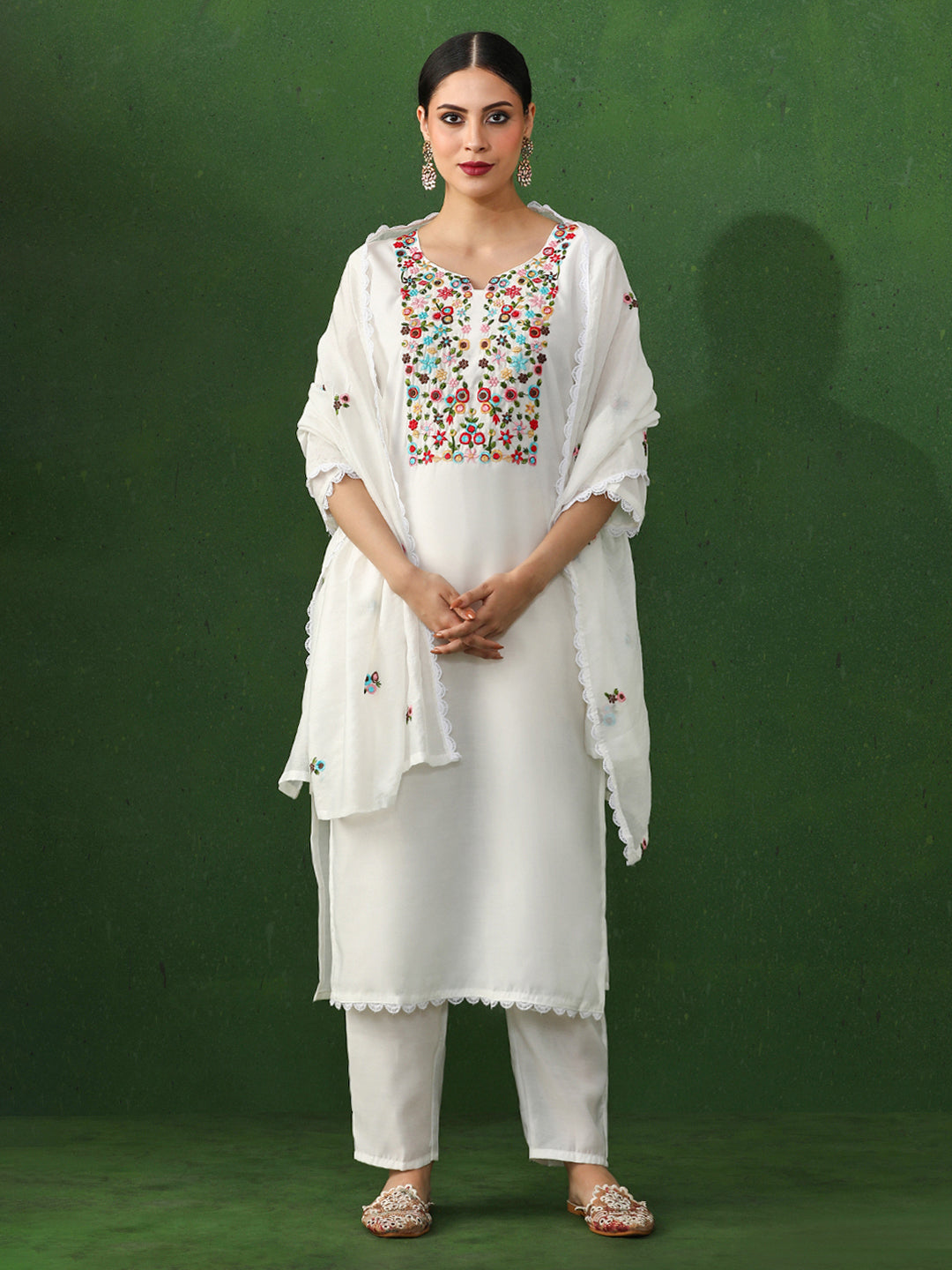 Floral Embroidered Straight Chanderi Silk Kurta & Trousers Sets