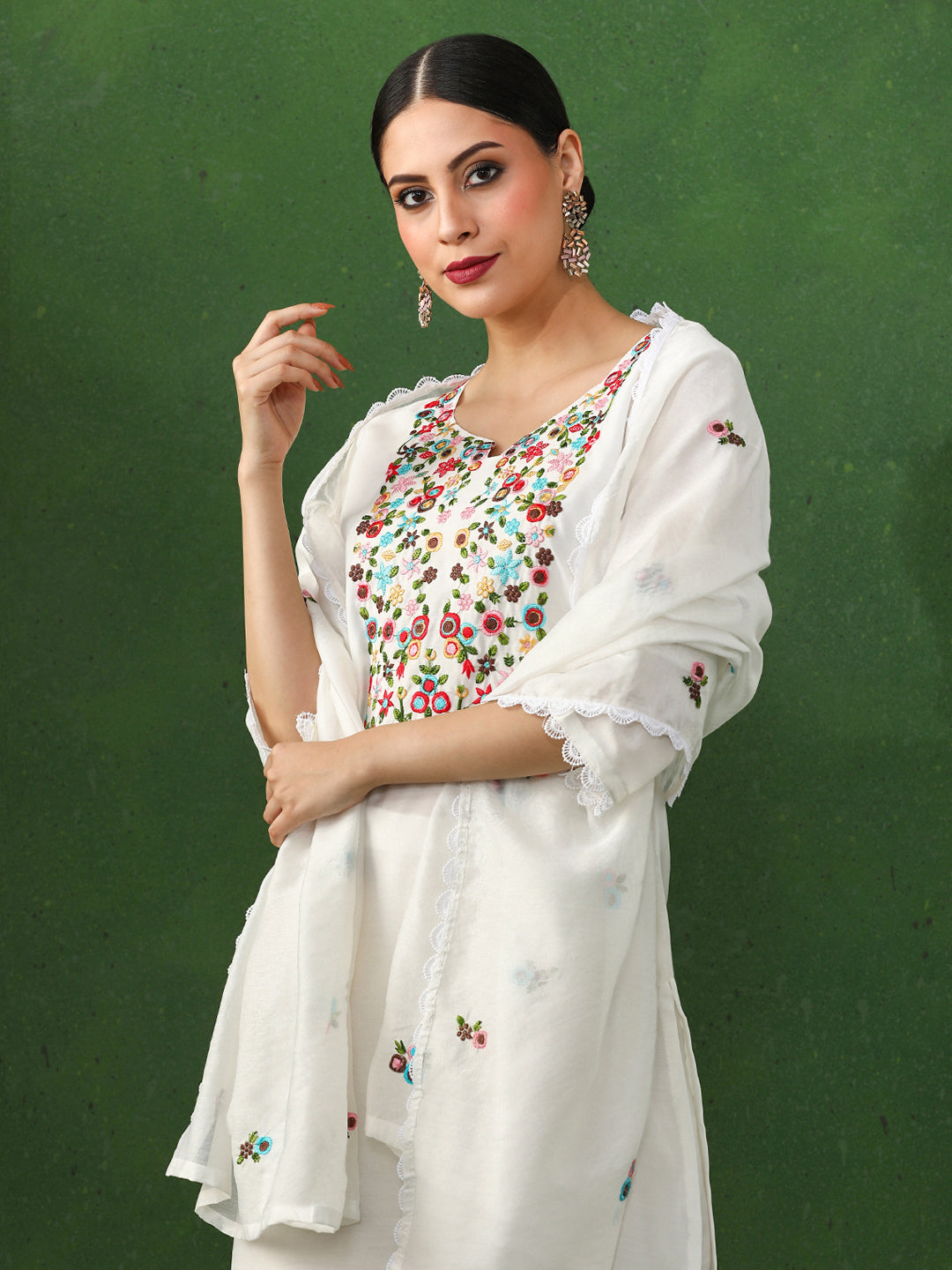 Floral Embroidered Straight Chanderi Silk Kurta & Trousers Sets