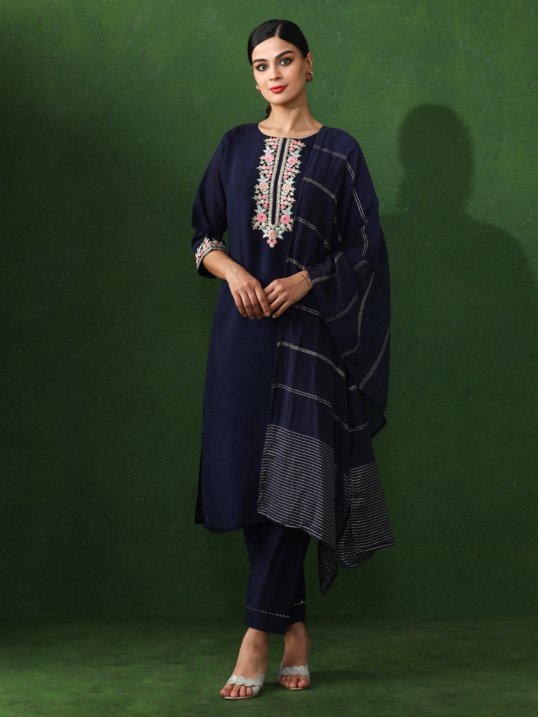 Floral Embroidered Straight Chanderi Silk Kurta & Trousers Sets