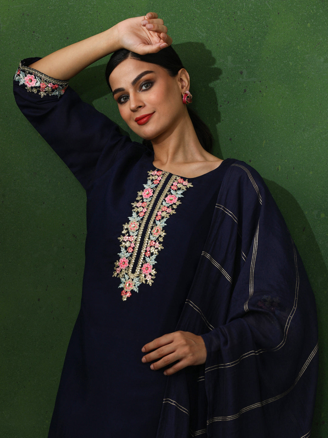 Floral Embroidered Straight Chanderi Silk Kurta & Trousers Sets