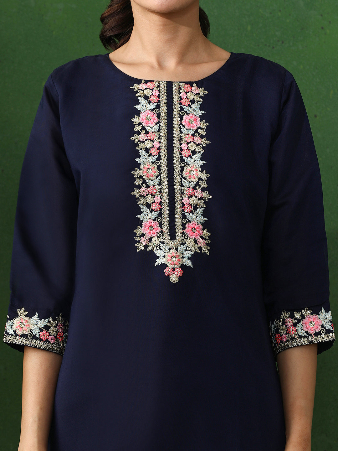 Floral Embroidered Straight Chanderi Silk Kurta & Trousers Sets