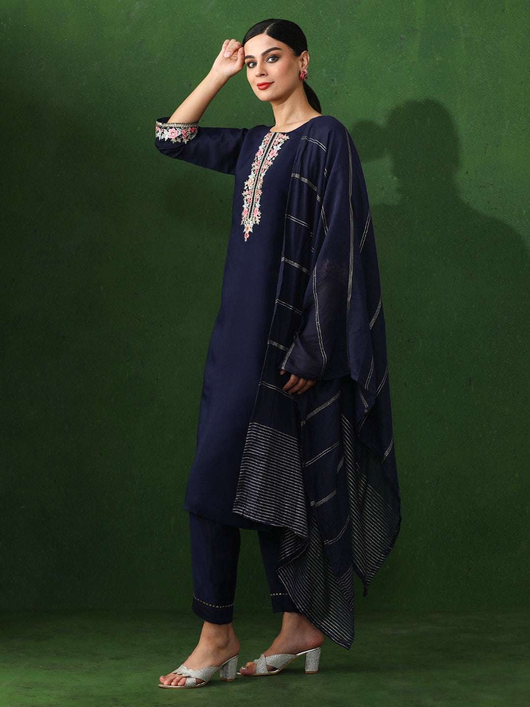 Floral Embroidered Straight Chanderi Silk Kurta & Trousers Sets