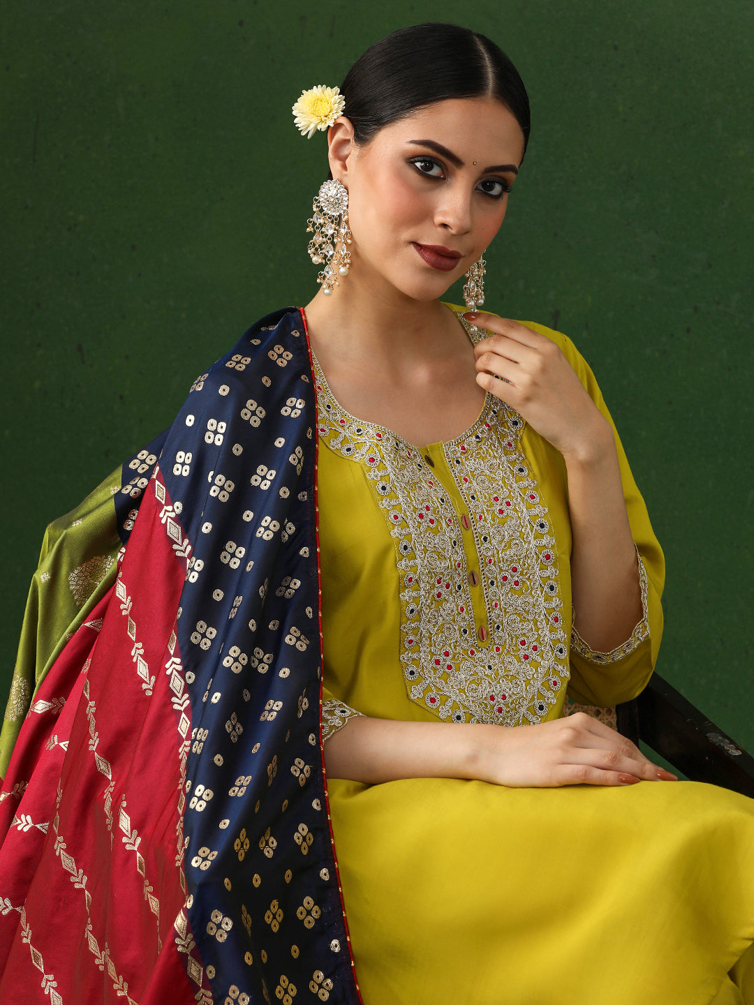 Floral Embroidered Straight Chanderi Silk Kurta & Trousers Sets