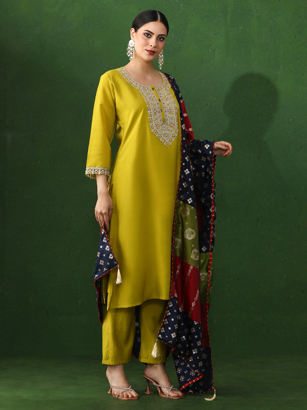 Floral Embroidered Straight Chanderi Silk Kurta & Trousers Sets