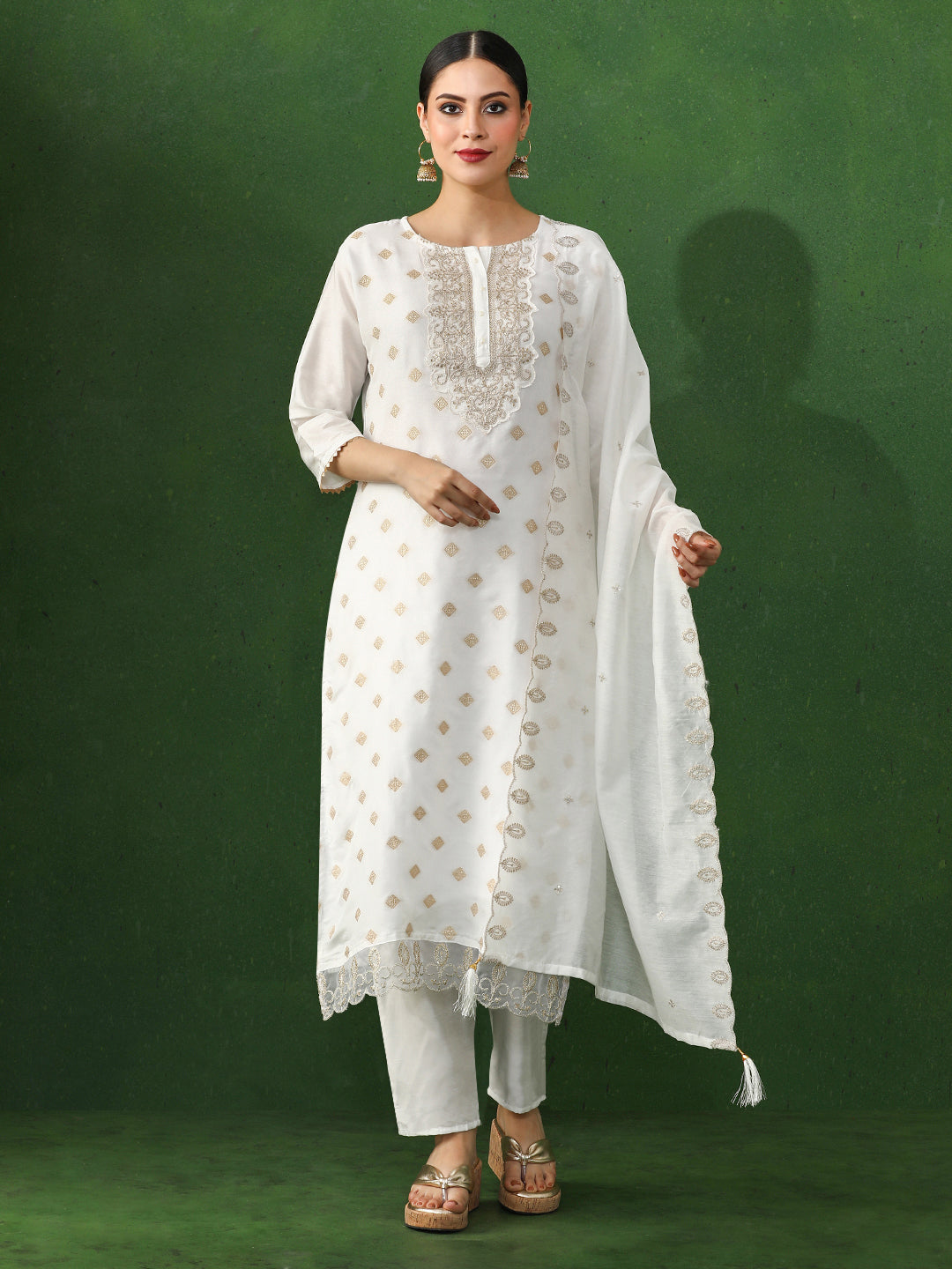Floral Embroidered A-Line Cotton Blend Kurta & Trousers Sets