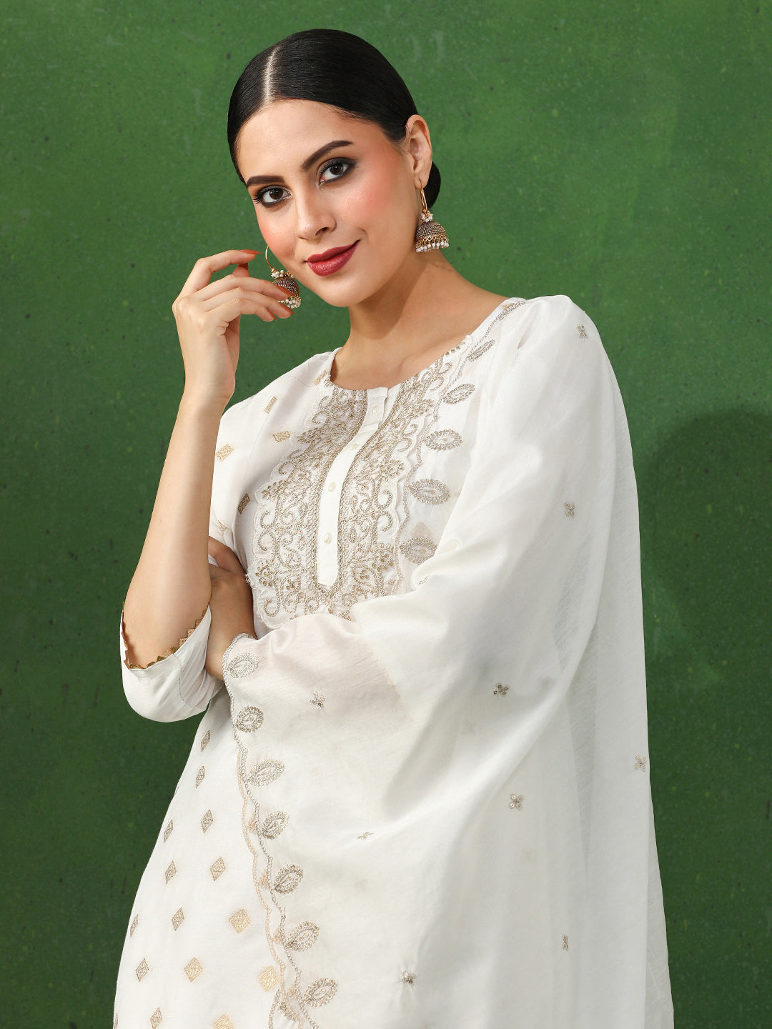 Floral Embroidered A-Line Cotton Blend Kurta & Trousers Sets