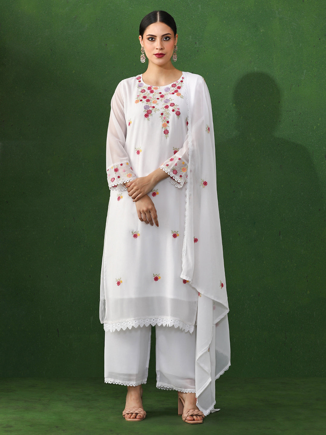 Floral Embroidered Straight Chanderi Silk Kurta & Trousers Sets