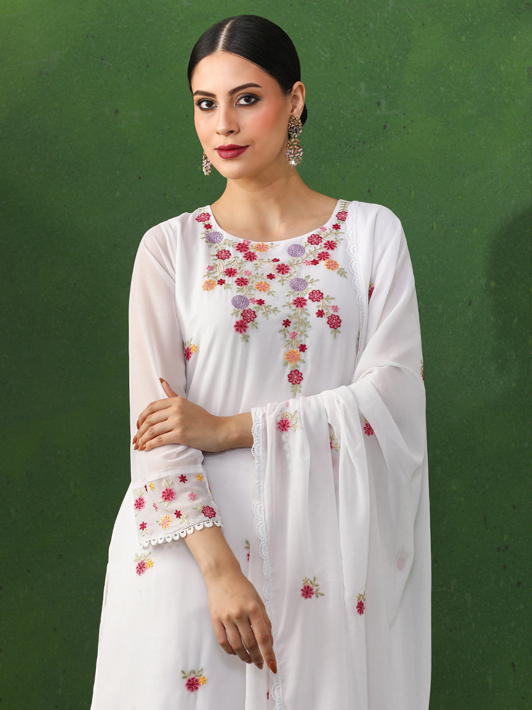 Floral Embroidered Straight Chanderi Silk Kurta & Trousers Sets