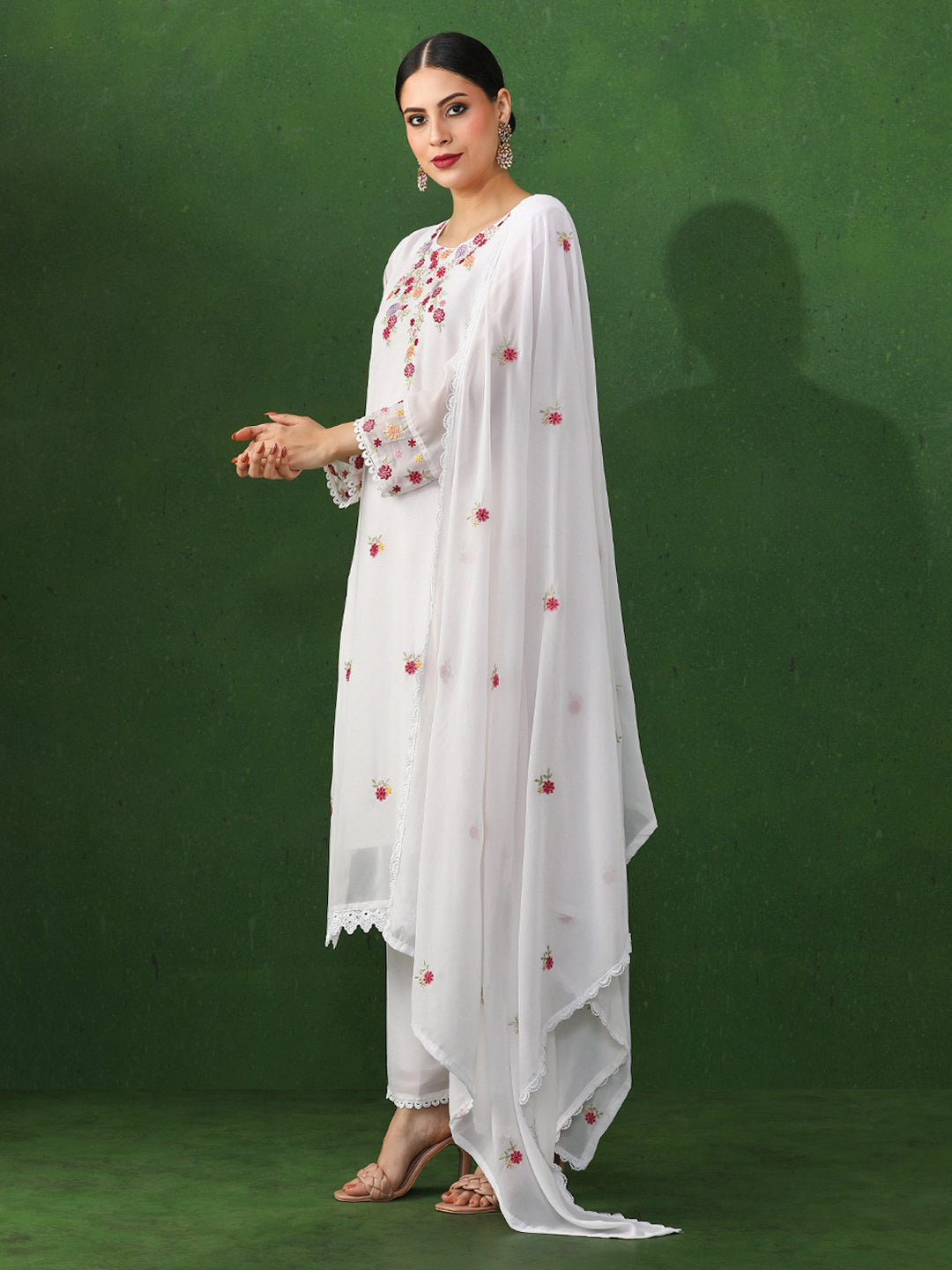 Floral Embroidered Straight Chanderi Silk Kurta & Trousers Sets