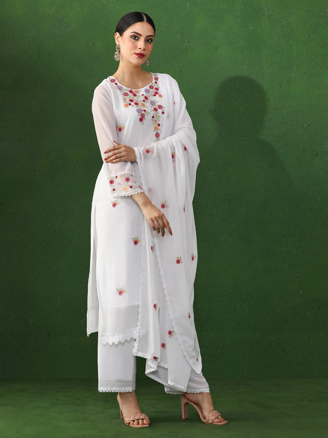 Floral Embroidered Straight Chanderi Silk Kurta & Trousers Sets