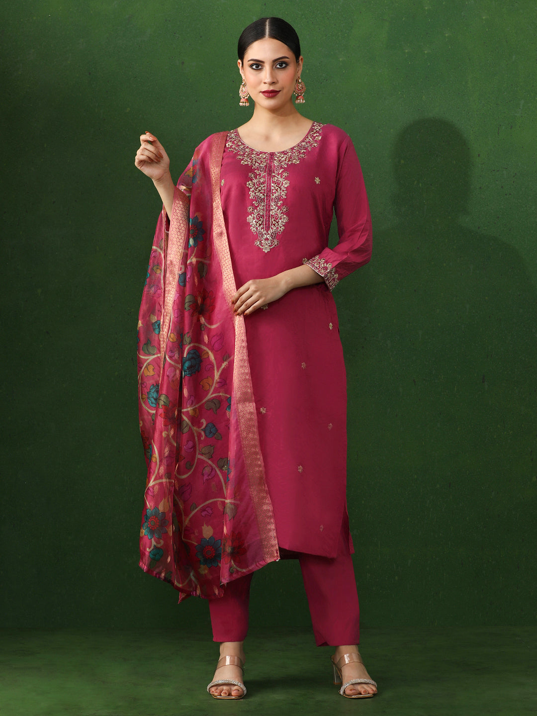 Floral Embroidered Straight Chanderi Silk Kurta & Trousers Sets