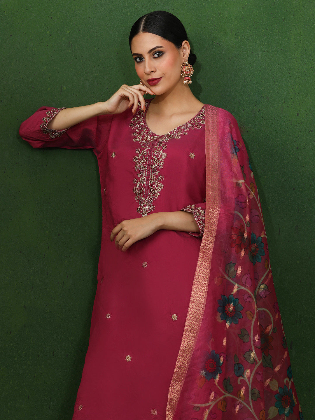 Floral Embroidered Straight Chanderi Silk Kurta & Trousers Sets