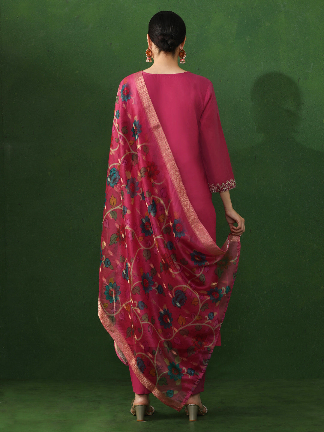 Floral Embroidered Straight Chanderi Silk Kurta & Trousers Sets