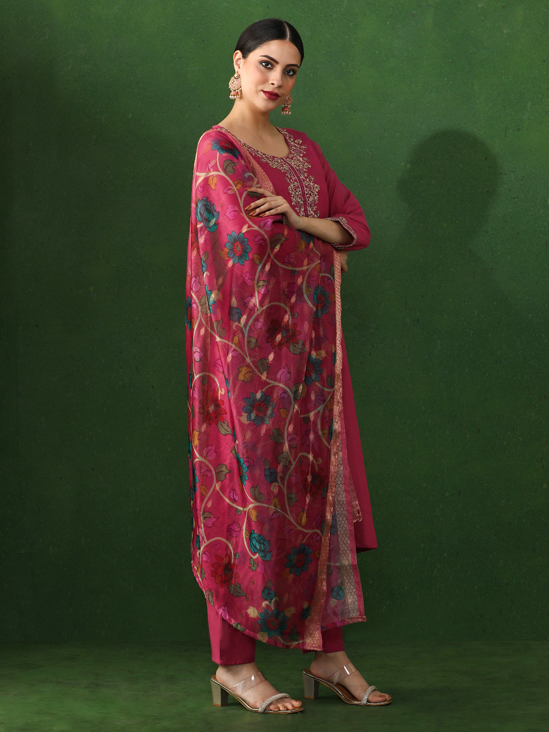 Floral Embroidered Straight Chanderi Silk Kurta & Trousers Sets
