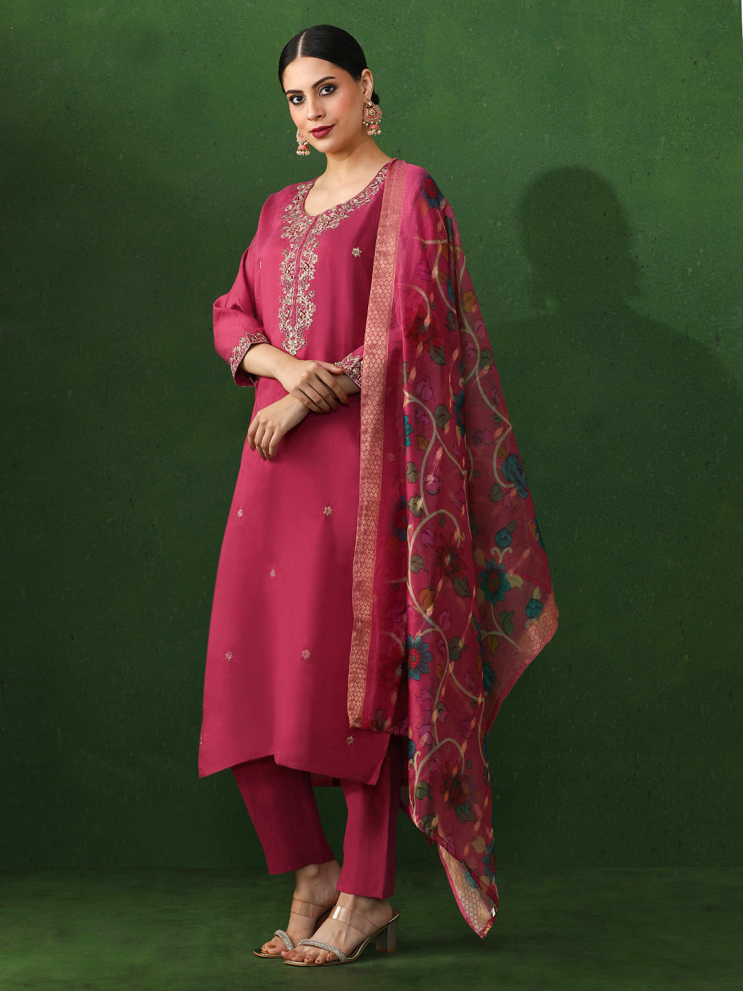 Floral Embroidered Straight Chanderi Silk Kurta & Trousers Sets