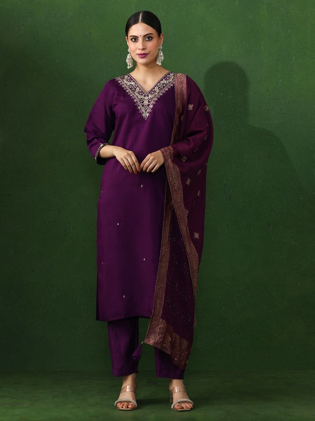 Floral Embroidered Straight Chanderi Silk Kurta & Trousers Sets
