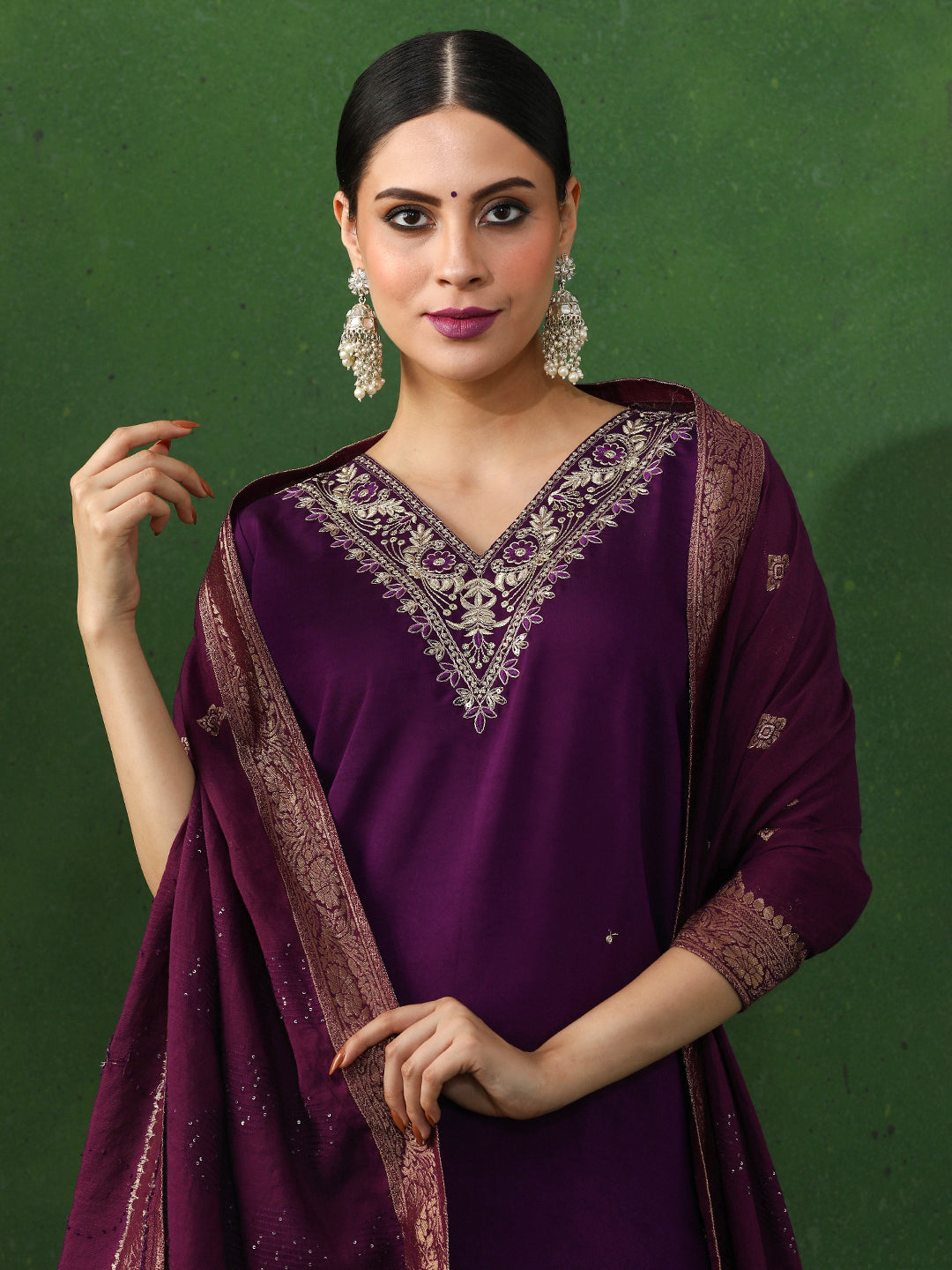 Floral Embroidered Straight Chanderi Silk Kurta & Trousers Sets