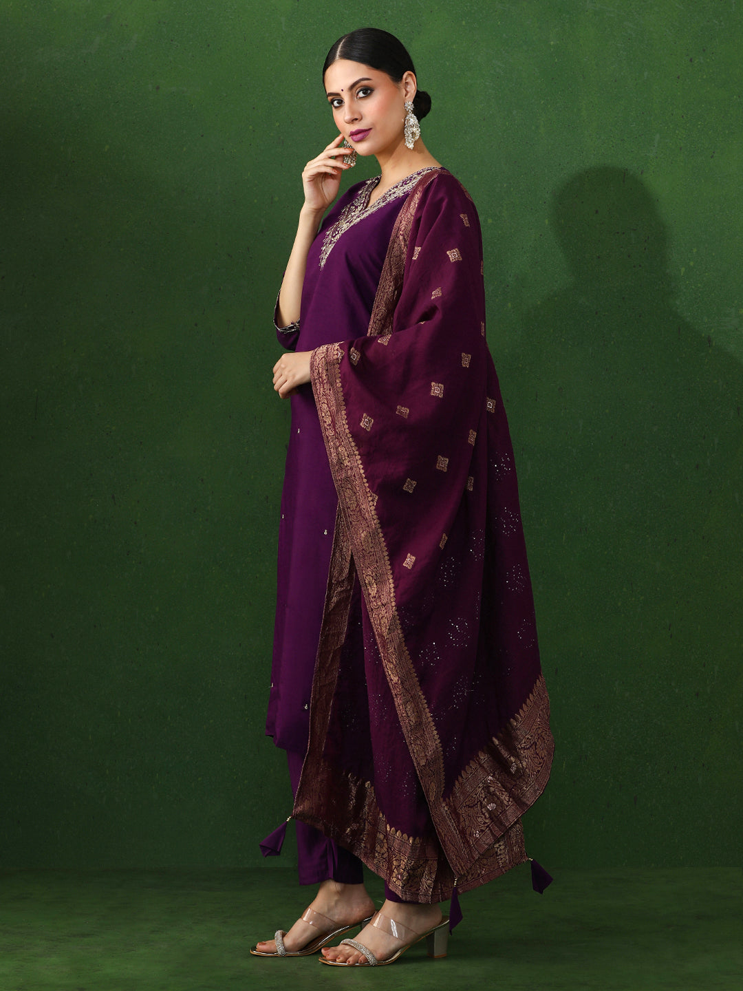 Floral Embroidered Straight Chanderi Silk Kurta & Trousers Sets