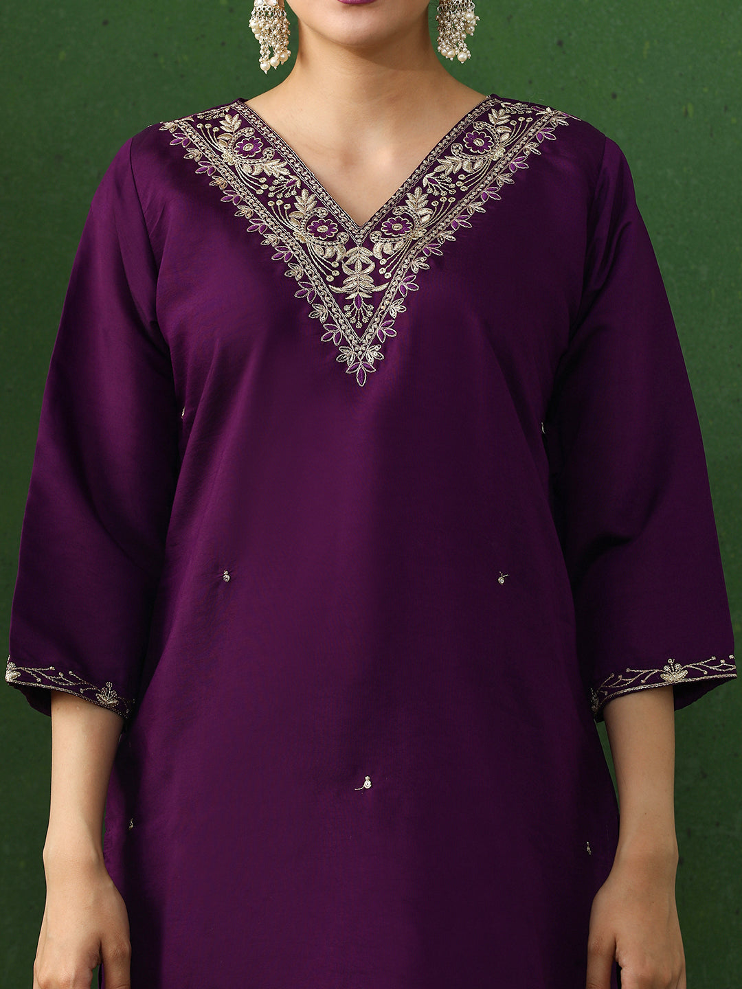 Floral Embroidered Straight Chanderi Silk Kurta & Trousers Sets