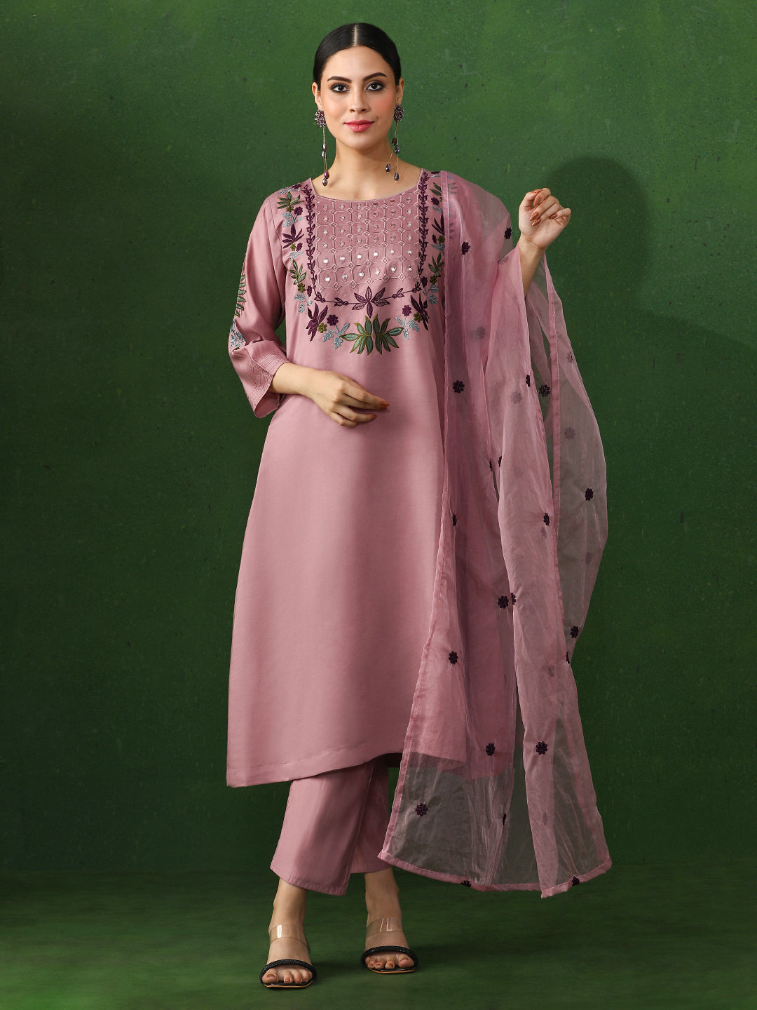 Floral Embroidered A-Line Chanderi Silk Kurta & Trousers Sets