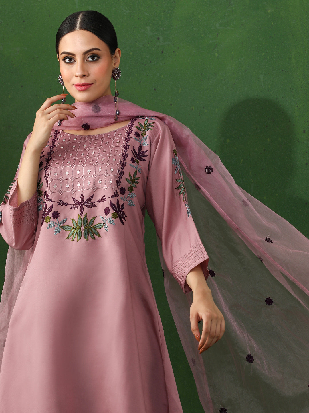 Floral Embroidered A-Line Chanderi Silk Kurta & Trousers Sets