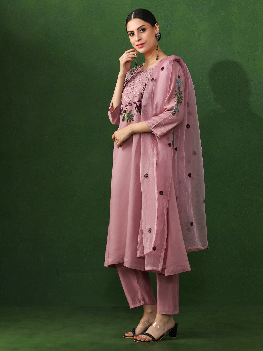 Floral Embroidered A-Line Chanderi Silk Kurta & Trousers Sets