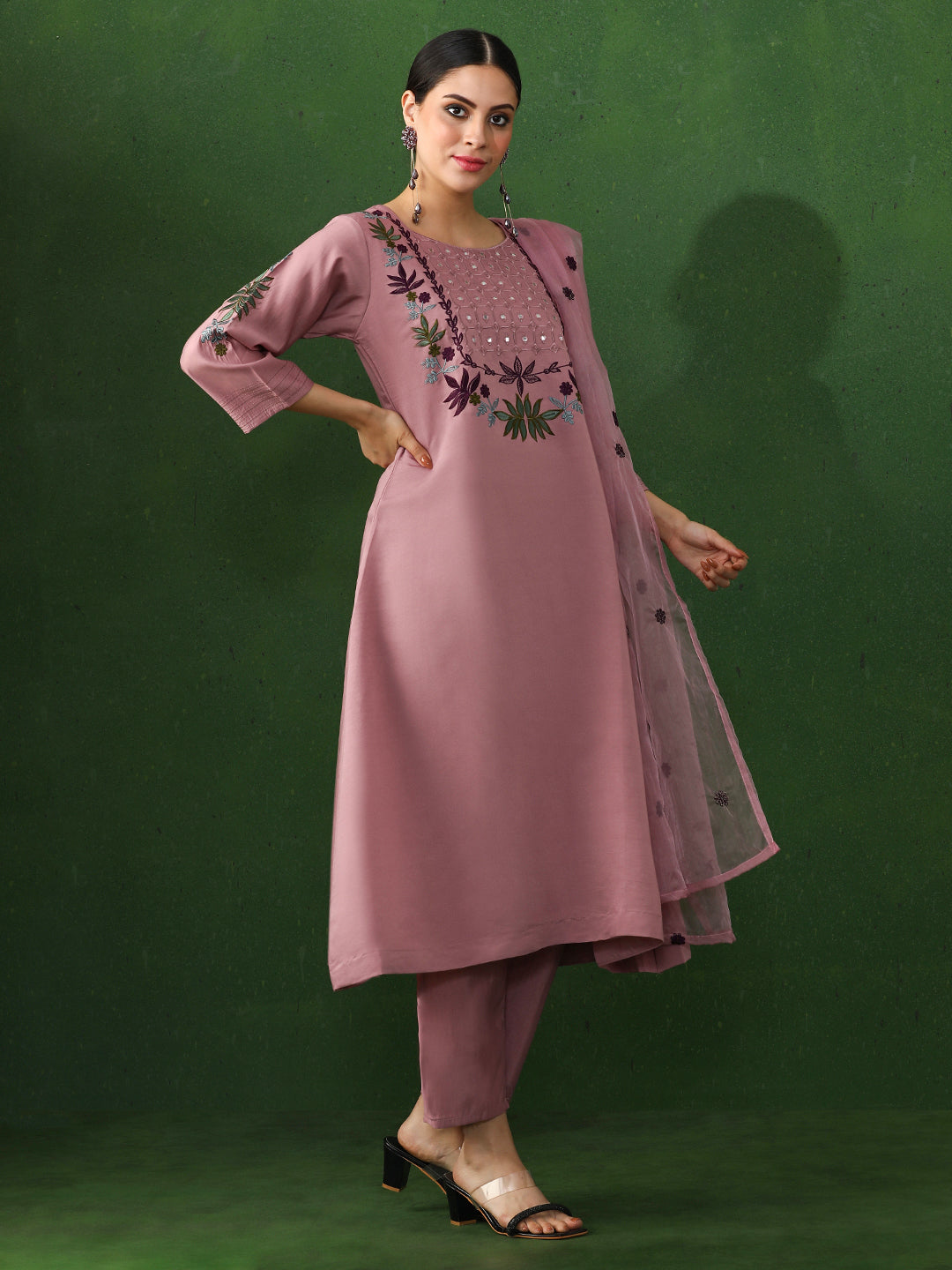 Floral Embroidered A-Line Chanderi Silk Kurta & Trousers Sets
