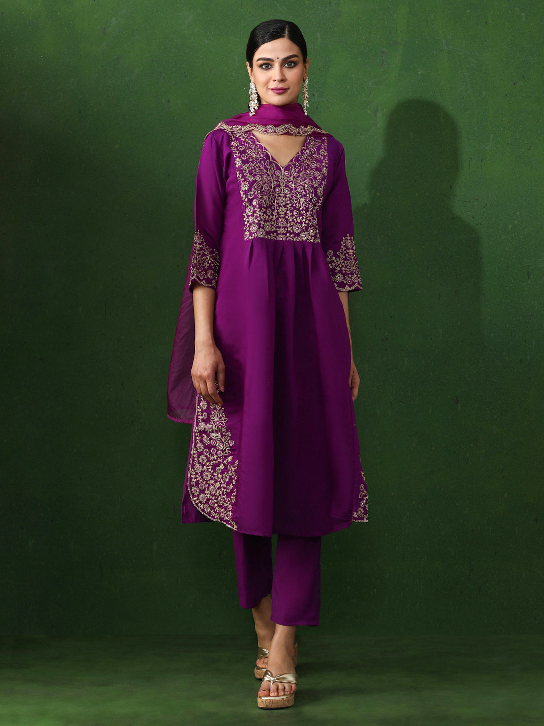 Floral Embroidered A-Line Chanderi Silk Kurta & Trousers Sets