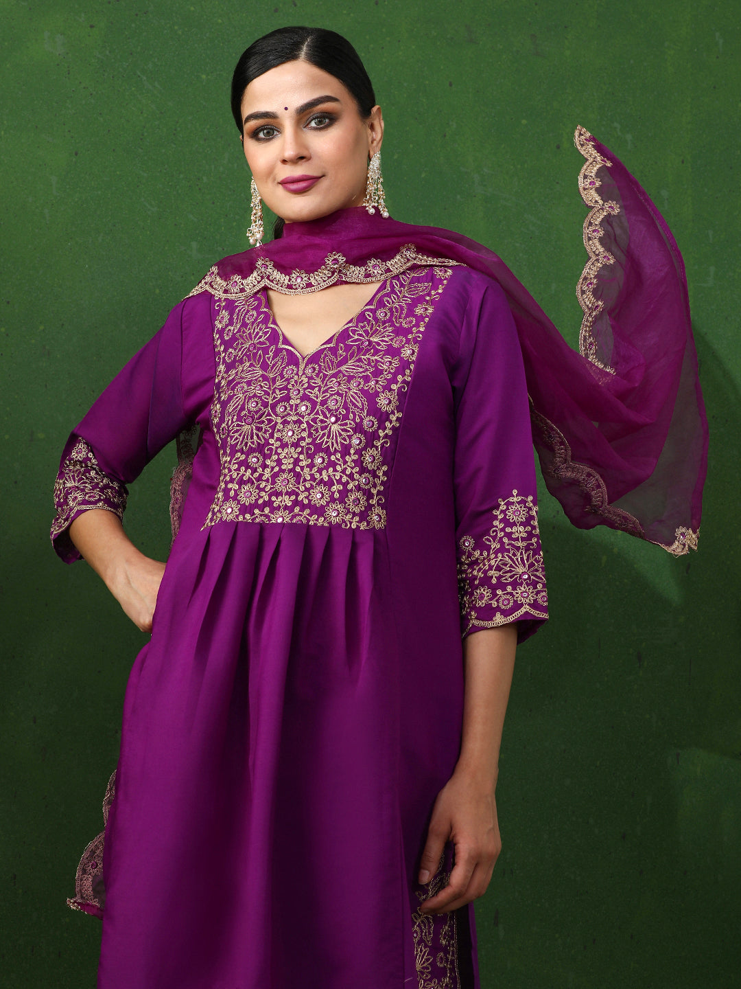 Floral Embroidered A-Line Chanderi Silk Kurta & Trousers Sets