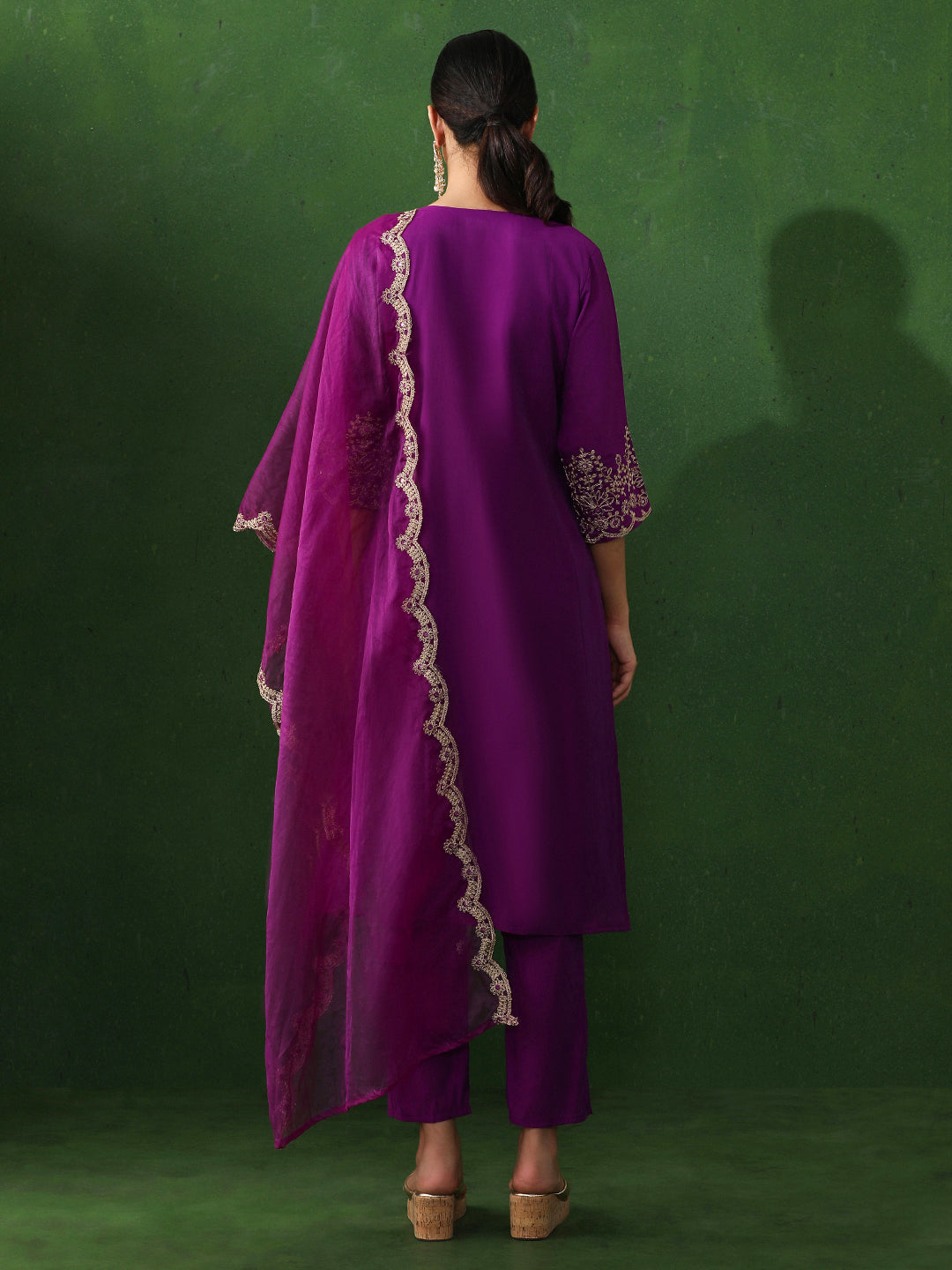 Floral Embroidered A-Line Chanderi Silk Kurta & Trousers Sets