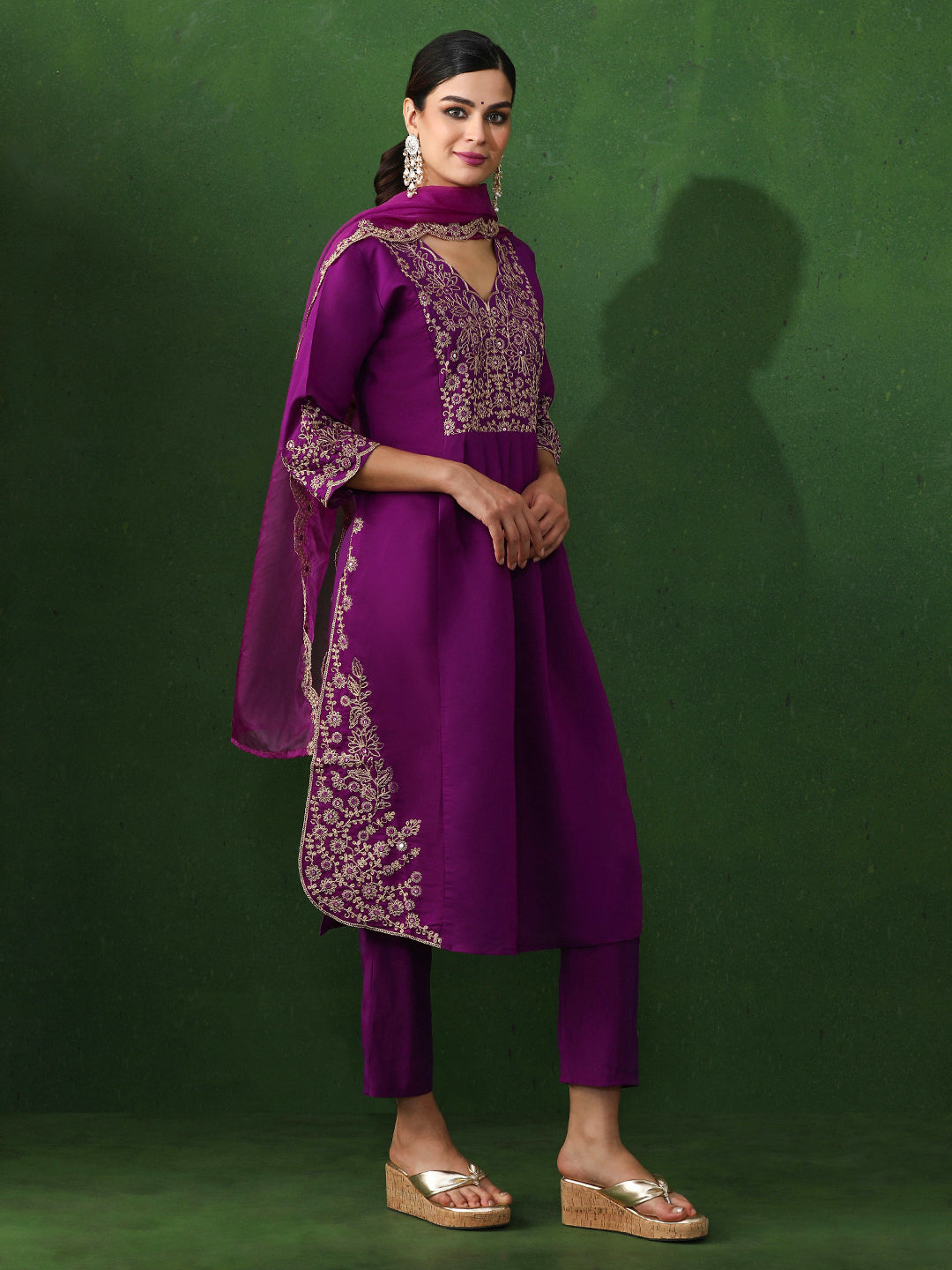 Floral Embroidered A-Line Chanderi Silk Kurta & Trousers Sets