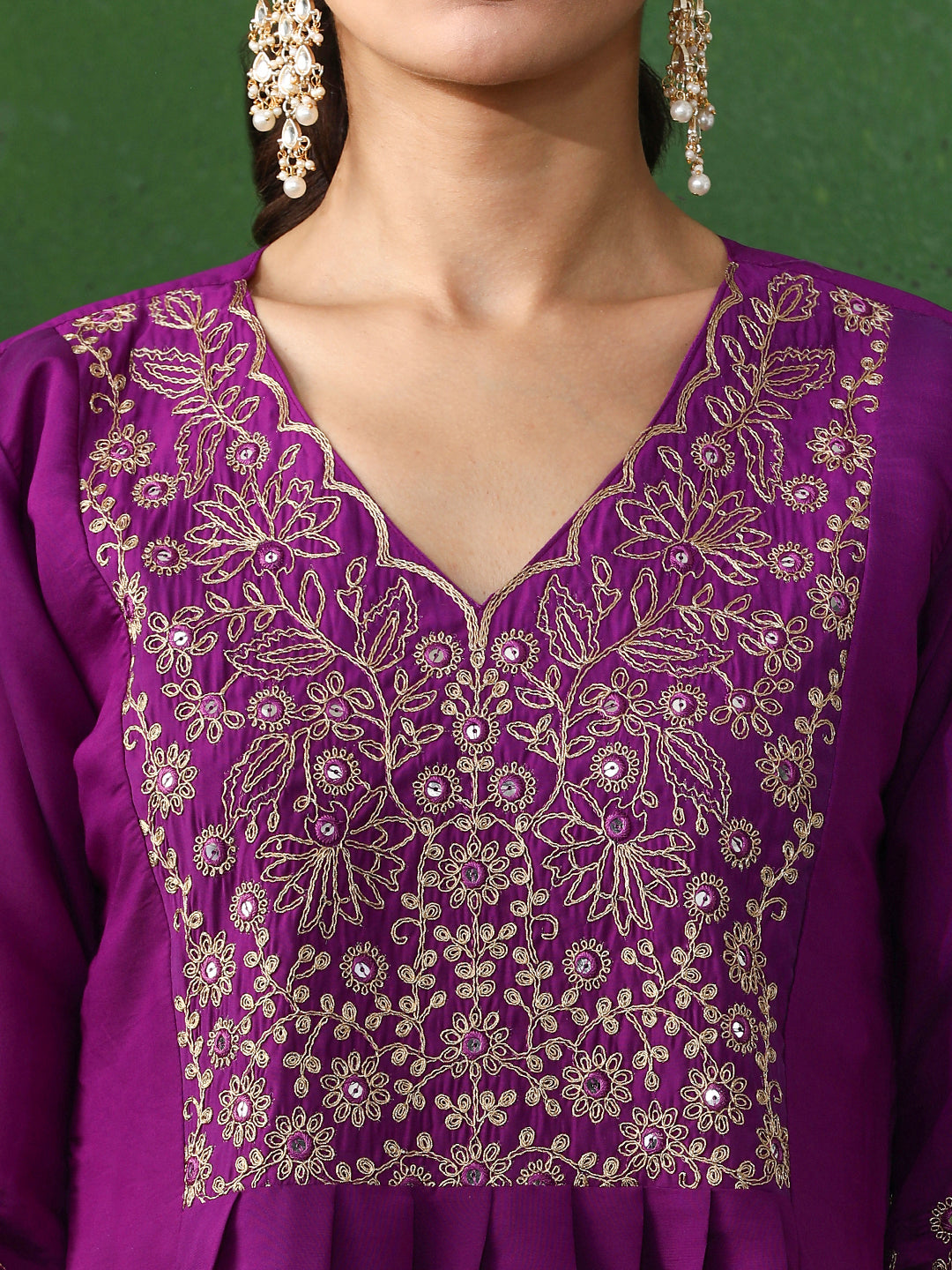 Floral Embroidered A-Line Chanderi Silk Kurta & Trousers Sets