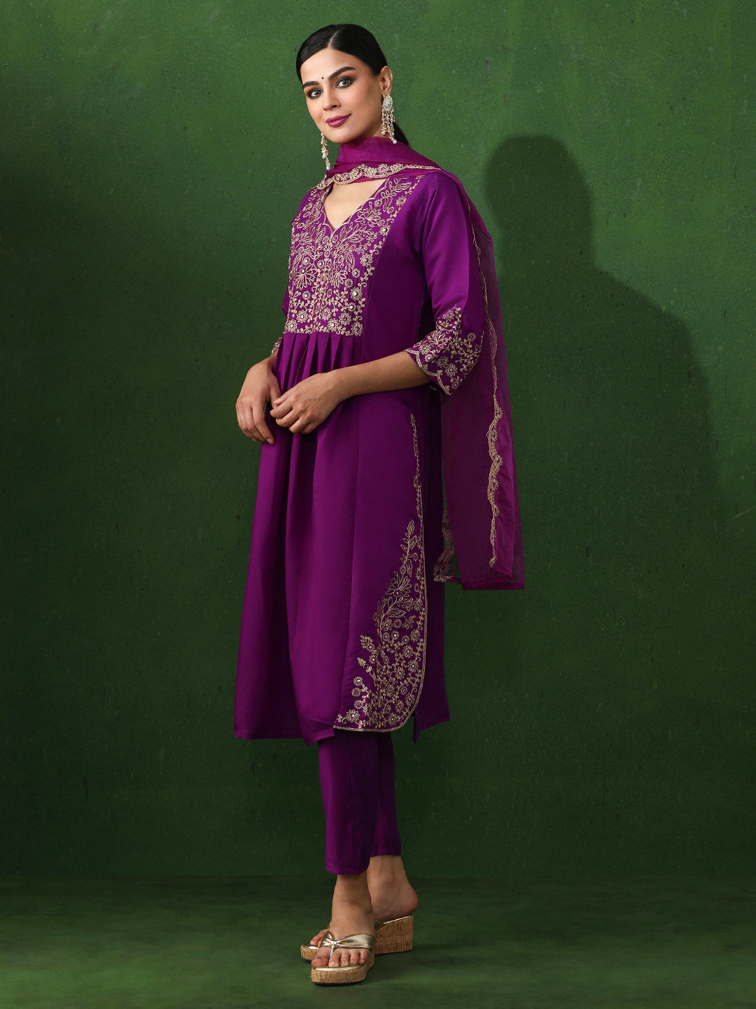 Floral Embroidered A-Line Chanderi Silk Kurta & Trousers Sets
